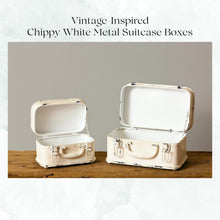 Load image into Gallery viewer, Vintage inspired chippy white metal suitcase containers.
