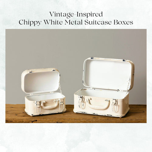 Vintage inspired chippy white metal suitcase containers.