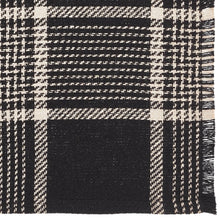 Load image into Gallery viewer, Black and tan tartan woven plaid material closeup
