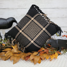 Load image into Gallery viewer, Black and tan woven tartan plaid hrow pillow in a fall vignette.
