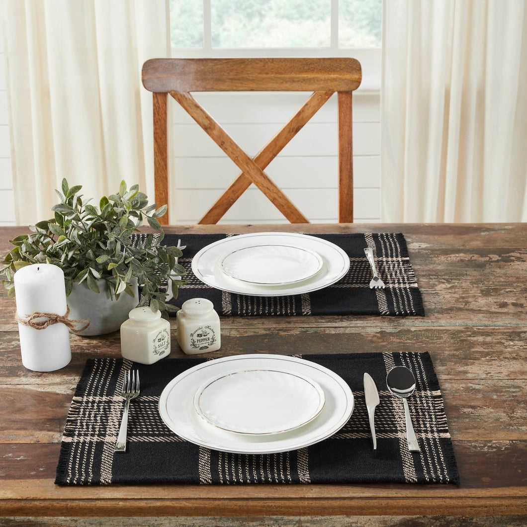 Timeless black and tan tartan plaid placemat table setting.
