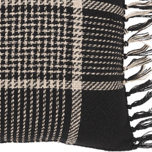 Load image into Gallery viewer, Black and tan woven tartan pillow texture.

