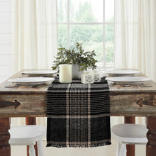 Load image into Gallery viewer, Timeless table setting in black and tan woven tartan plaid table runner.
