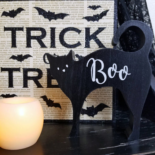 Black boo cat wood shelf sitter Halloween decoration.