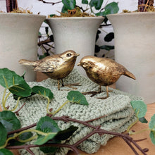 Load image into Gallery viewer, Brass bird figurines sitting on sage green knit dishcloths.
