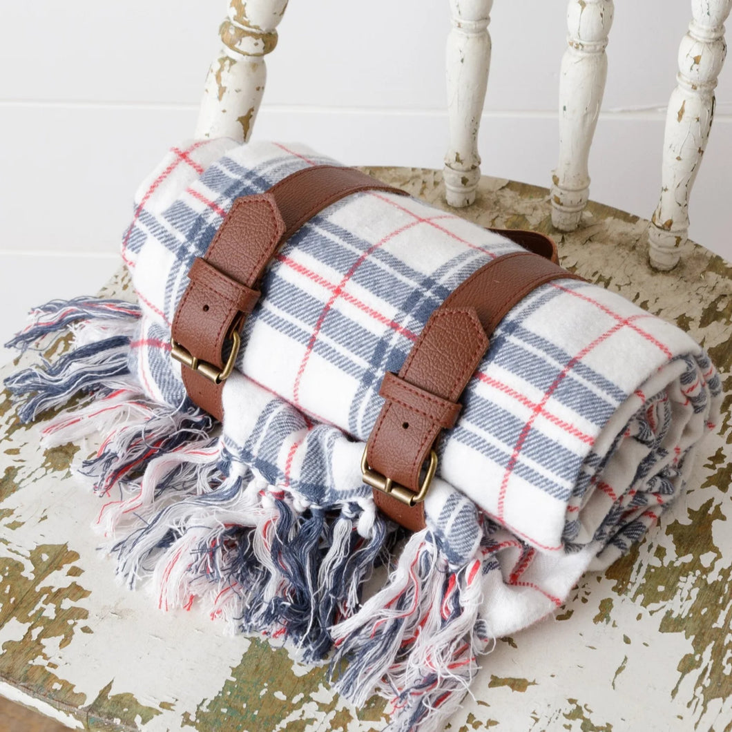 Patriotic Farmhouse Red, White, and Blue Plaid Carry Blanket with Leather Straps