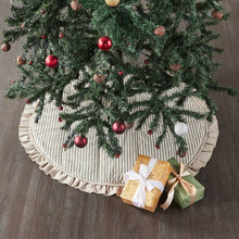 Load image into Gallery viewer, Vintage farmhouse charcoal ticking stripe 36 inch ruffled tree skirt.
