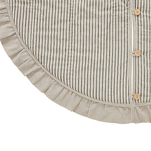 Load image into Gallery viewer, Button and riffle detail on a vintage-inspred ticking stripe christmas tree skirt.
