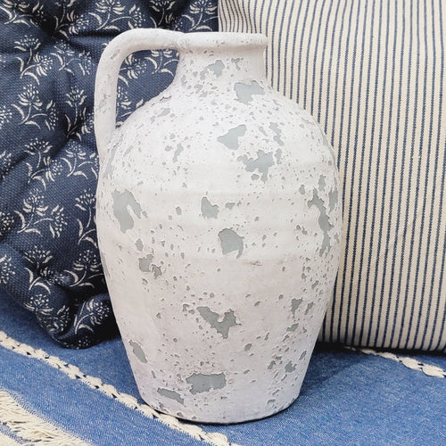 Chippy White and Blue Paint Terracotta Jug Vase with Handle