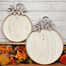Load image into Gallery viewer, Distressed chippy whte metal pumpkin shaped tray set. 
