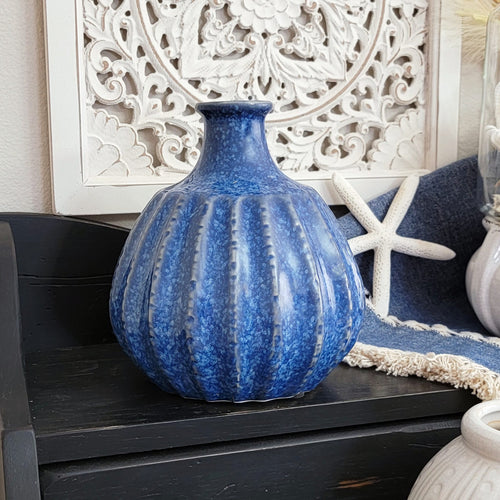 Ridged nautical blue ceramic stoneware vase