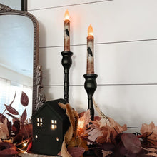 Load image into Gallery viewer, Autumn Halloween mantel with wax dipped LED crow canldes in curved black metal candlestick holders.s
