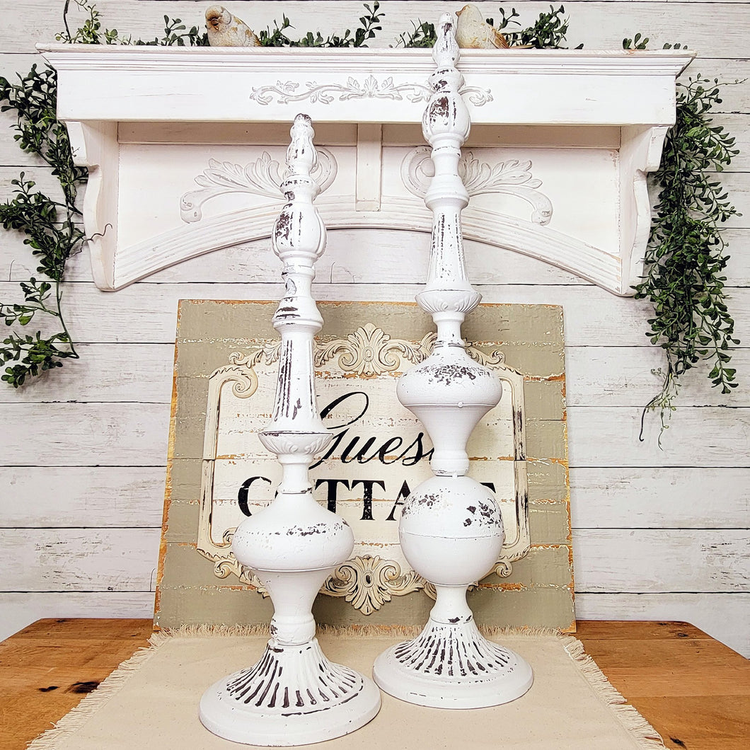 Distressed French white large finial accentss