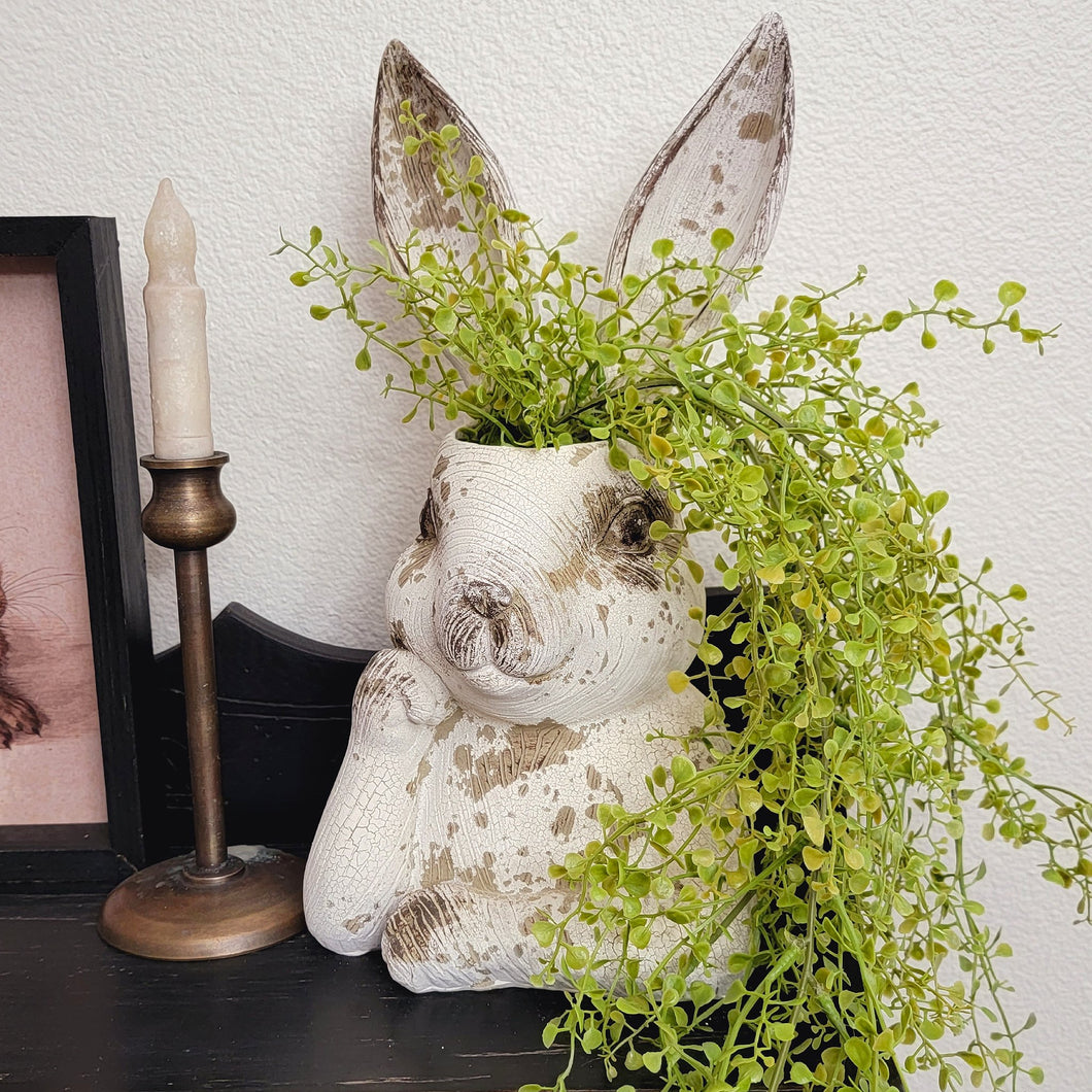 Chippy white rabbit head garden planter filled with greenery.