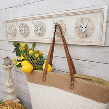 Load image into Gallery viewer, Shabby chic distressed white metal hook mounted coat rack shelf
