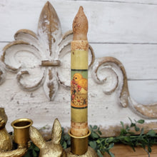 Load image into Gallery viewer, Vintage-style-primitive wax dipped Easter chick timer taper battery operated candle.
