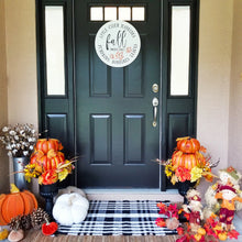 Load image into Gallery viewer, Autumn farmhouse porch with round metal fall wall sign pumpkin topiares, scarecrows, and cotton stems
