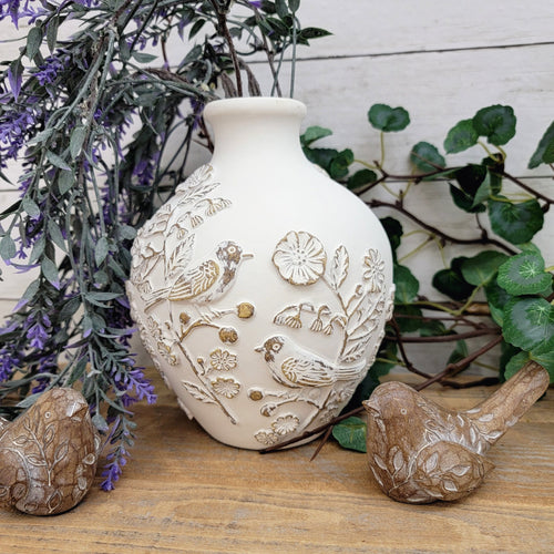 Shabby chic floral and bird embossed white vase.