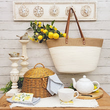 Load image into Gallery viewer, French country cottage wall mounted coat rack, ornate pillar candle holders, wicker hut basket, vintage hobnail teapot and artificial lemon picks.
