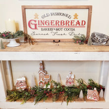 Load image into Gallery viewer, Gingerbread Bakery side table display with an old fashioned window sign.

