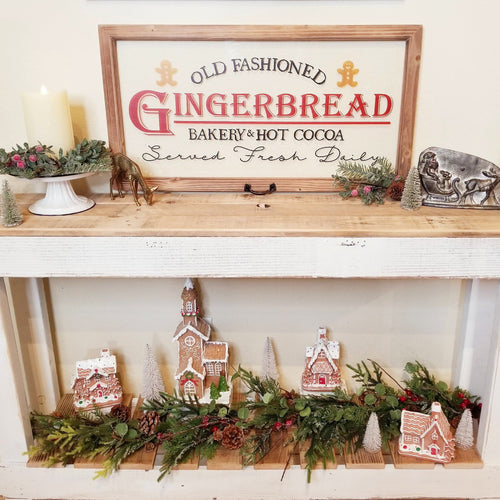 Gingerbread Bakery side table display with an old fashioned window sign.