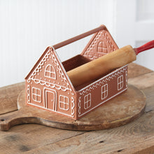 Load image into Gallery viewer, Gingerbread holiday kitchen rolling pin in a toolbox caddy.
