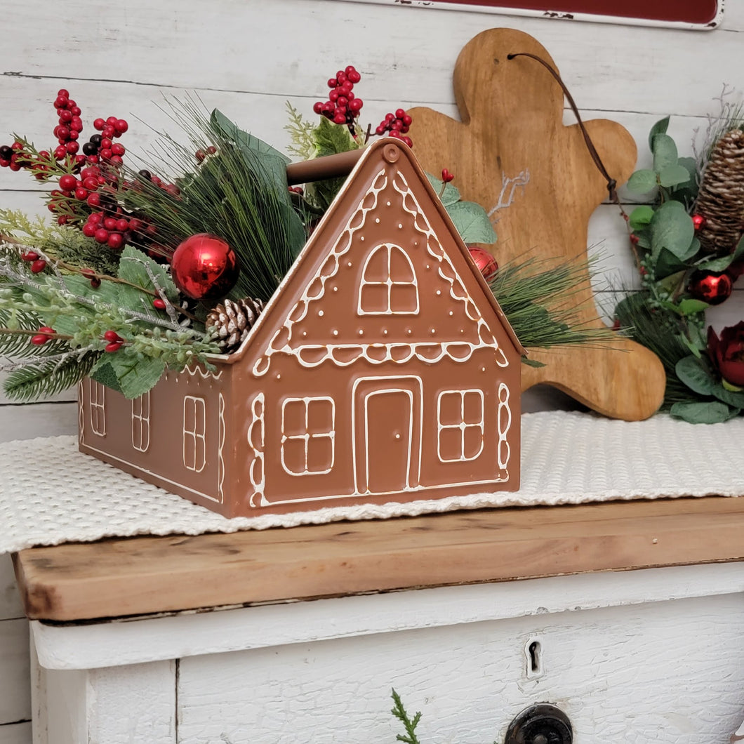 Pine filled gingerbread house toolbox caddy Christmas centerpiece. 