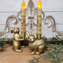 Load image into Gallery viewer, Vintage easter chick timer taper candles in gold bunny holders.
