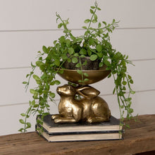 Load image into Gallery viewer, vintage gold rabbit statue bowl with greenery.
