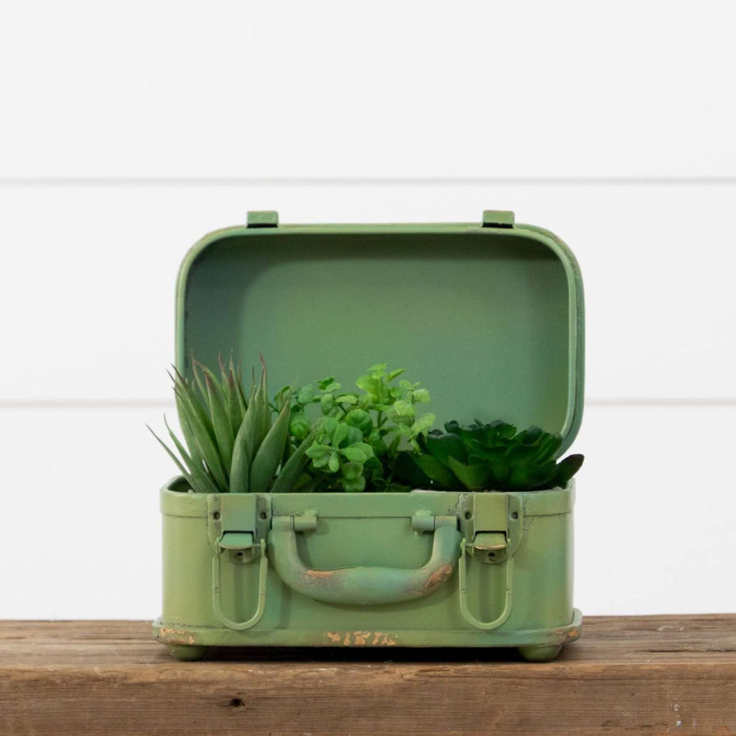 Vintage inspired green metal suitcase storage box. 