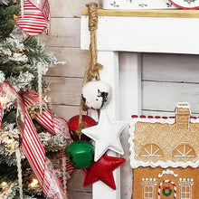 Load image into Gallery viewer, Vintage inspired chippy paint metal stars and Christmas bells on jute hung on a mantel
