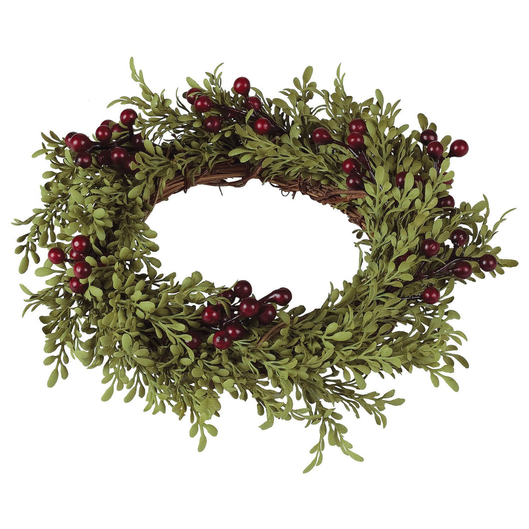 Mossy green mini leaf and red holly berry, grapevine candle ring wreath.