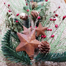 Load image into Gallery viewer, Primitive rusty stars and pine Christmas floral.
