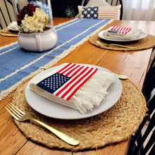 Load image into Gallery viewer, textured tea towel displayed as a napkin on a patriotic place setting with denim table runner
