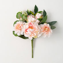 Load image into Gallery viewer, Artificial pink and white peony bush pick with green foliage.
