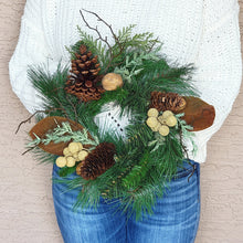 Load image into Gallery viewer, Pine, cone, and nut evergreen neutral accent wreath.
