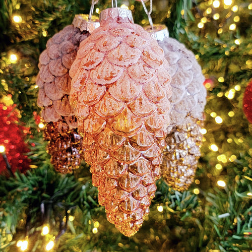 Pinecone amber glass Christmas ornament set of 3.