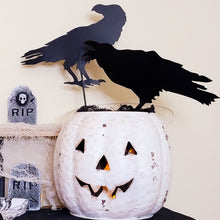 Load image into Gallery viewer, Spooky Black Halloween Ravens in a chippy white metal jack o&quot; lantern pumpkin.
