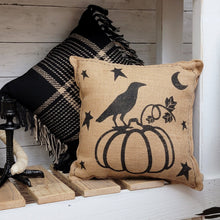 Load image into Gallery viewer, Autumn burlap crow and black and tan plaid throw pillows.
