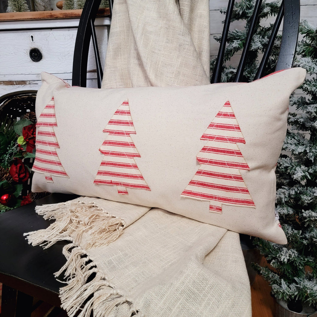 Red grain stripes patchwork Christmas trees reversible lumbar pillow.