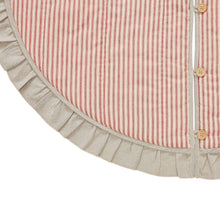 Load image into Gallery viewer, Button and ruffle detail on a red ticking stripe tree skirt. 
