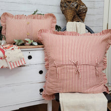 Load image into Gallery viewer, Christmas vignette with a red ticking stripe lumbar and euro sham pillow and santa tea towels.

