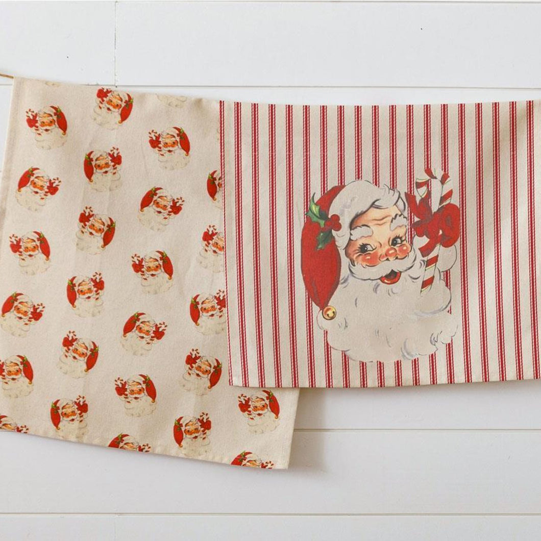 Vintage inspired Santa Claus and Red Ticking Stripe Tea Towel Set.