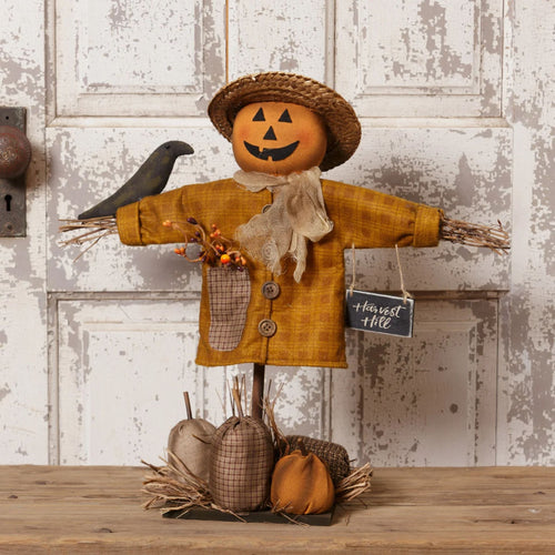 Harvest Hill Primitive Fall Scarecrow Tabletop Statue with Halloween Black Crow