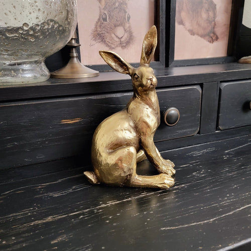 Sitting gold brass rabbit hare tabletop statue.