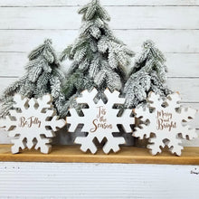 Load image into Gallery viewer, Chunky reversible snowflake wood shelf sitters with winter sayings
