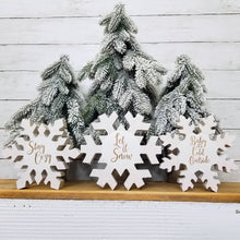Load image into Gallery viewer, Glittery white wood snowflake holiday shelf decor
