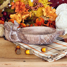 Load image into Gallery viewer, Autumn  vignette with fall colored foliage, plaid tea towel, and carved squirrel acorn bowl. 
