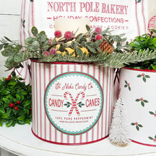 Load image into Gallery viewer, St. Nick&#39;s Candu Co red ticking stripe and candy cane bucket.
