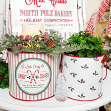 Load image into Gallery viewer, St. Nick&#39;s Candy Co candy cane, red ticking stripe and mistletoe metal pail bucket set.
